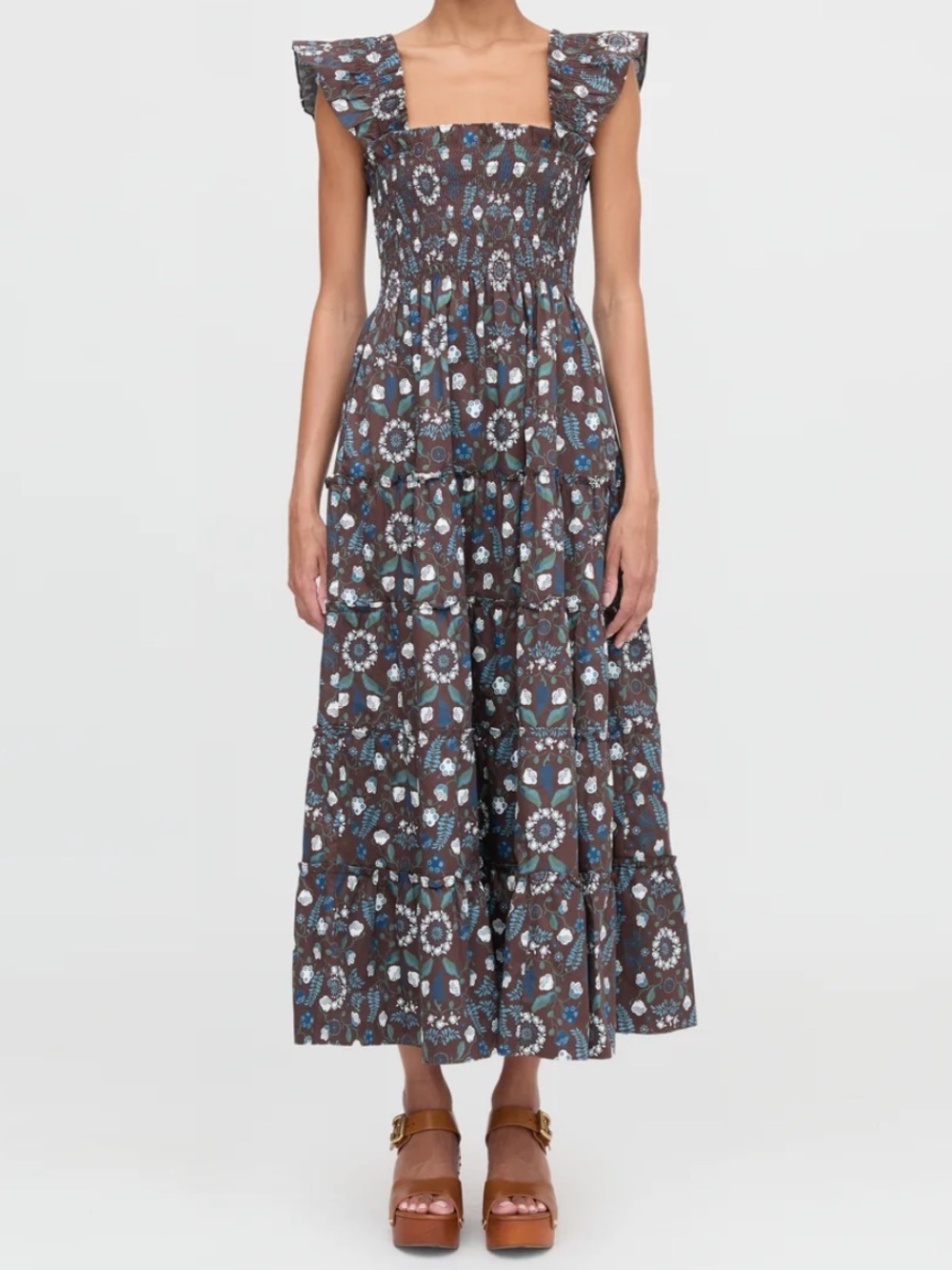 Hill House The Ellie Maxi Nap Dress In Chocolate Swedish Floral